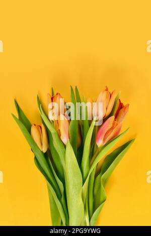 Bouquet de fleurs avec tulipes orange sur fond jaune avec espace de copie Banque D'Images