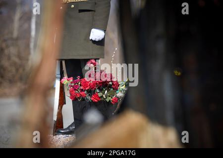 Moschun, Ukraine. 21st mars 2023. Fleurs sur le nouveau site commémoratif des Anges de la victoire en hommage aux défenseurs de la capitale, 21 mars 2023 à Moschun, Oblast de Kiev, Ukraine. Crédit: Pool photo/Bureau de presse présidentiel ukrainien/Alamy Live News Banque D'Images