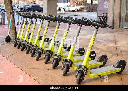 Austin, Texas, États-Unis - février 2023: Rangée de scooters électriques alignés sur une rue de la ville et disponibles à la location Banque D'Images