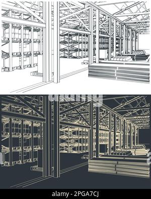 Illustrations vectorielles stylisées de l'intérieur d'un grand entrepôt avec boîtes, étagères et marchandises Illustration de Vecteur