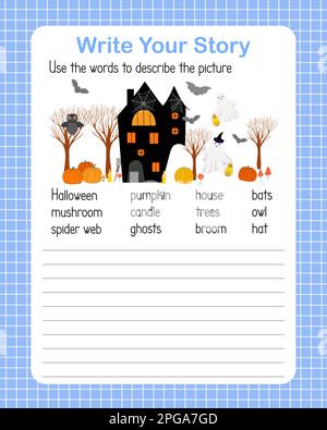 Écrire une histoire la grammaire anglaise niveau élémentaire pour les enfants, l'illustration du vecteur de concept d'apprentissage, la feuille de travail éducative décrire une image en utilisant des mots de vocabulaire topique Halloween vacances Illustration de Vecteur