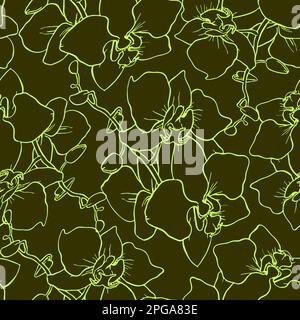 motif sans couture de grandes silhouettes vertes d'orchidées sur fond d'olive, texture, design Banque D'Images