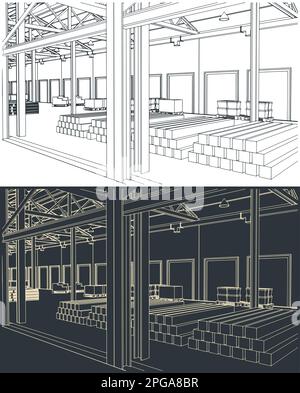 Illustrations vectorielles stylisées d'un grand entrepôt avec boîtes, étagères et marchandises Illustration de Vecteur