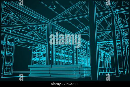 Illustrations vectorielles stylisées d'un grand entrepôt avec boîtes, étagères et marchandises Illustration de Vecteur