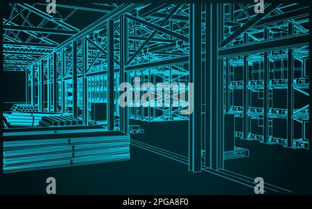 Illustration vectorielle stylisée de l'intérieur d'un grand entrepôt avec des boîtes, des étagères et des marchandises Illustration de Vecteur