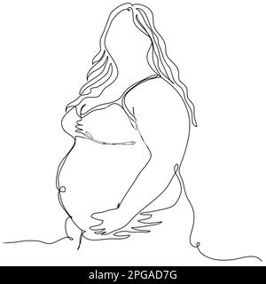 Une femme enceinte en surpoids tient un ventre rond sur une ligne sur un fond blanc. Le concept d'une femme en position d'attendre un enfant au Illustration de Vecteur