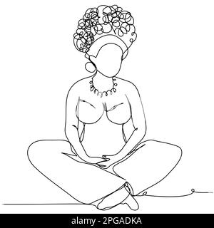 Une femme enceinte avec des boucles est assise dans une position de lotus sur une ligne sur un fond blanc. Illustration de Vecteur