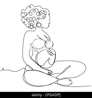 Une fille enceinte avec des boucles est assise dans une position de lotus sur une ligne sur un fond blanc. Illustration de Vecteur