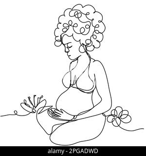 Une fille enceinte avec des boucles est assise dans une position de lotus sur une ligne sur un fond blanc. Illustration de Vecteur