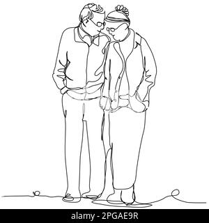 Heureux couple senior embrassant et souriant dans une ligne isolé sur fond blanc. Illustration de Vecteur