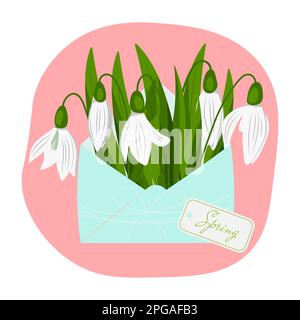 Carte Snowdrop Day, gouttes de neige dans une enveloppe bleue. Heure de printemps. Illustration vectorielle Illustration de Vecteur