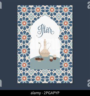 Carte de menu de dîner-iftar, invitation. Cafetière Dallah tirée à la main, fruits dattes et thé turc. Motif en forme d'étoile marocaine, fond de carreaux vectoriels Illustration de Vecteur