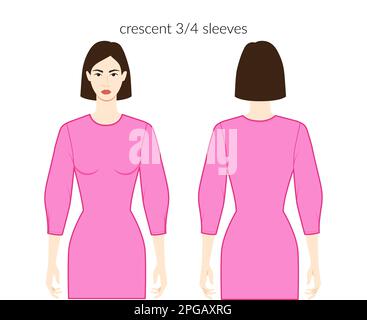 Crescent manches vêtements caractère belle dame en rose haut, chemise, robe technique mode illustration avec 3-4 longueur de bracelet. Modèle de vêtement plat à l'avant et à l'arrière. Femmes, hommes unisex CAD maquette Illustration de Vecteur