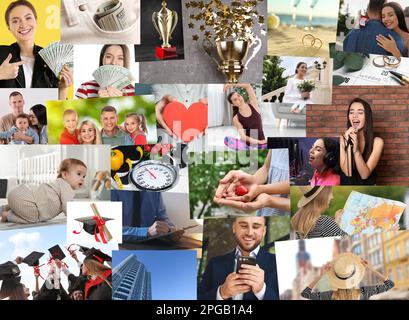 Conception du panneau de vision. Collage avec différentes photos représentant des rêves Banque D'Images