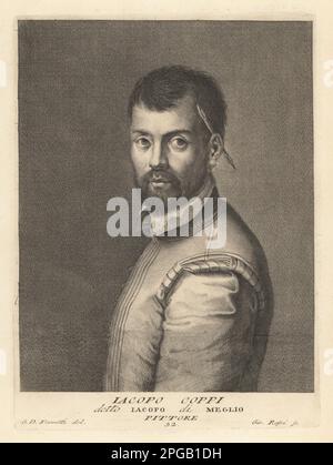 Jacopo Coppi, ou Giacomo Coppi, peintre d'histoire italienne, principalement actif à Florence et Rome, 1523-1591. Avec un pinceau derrière son oreille. Iacopo del Meglio, Pittore. Gravure sur plaque de coperplate par Girolamo Rossi d'après Giovanni Domenico Campiglia après un autoportrait de l'artiste du Museo Florentino de Francesco Moucke, Serie di Ritratti de Pittori (série de Portraits de Peintres) stampia Mouckiana, Florence, 1752-62. Banque D'Images