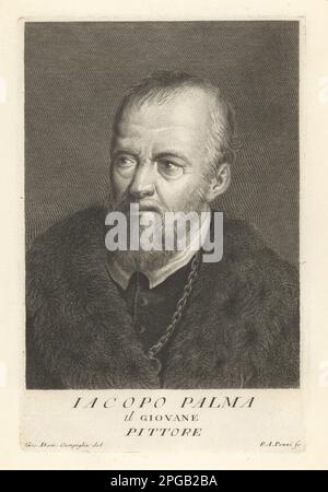 Jacopo Palma il Giovane, peintre italien de Venise, représentant de l'école vénitienne, 1544-1628. Iacopo Palma, Pittore. Gravure sur plaque de coperplate par Pietro Antonio Pazzi d'après Giovanni Domenico Campiglia après un autoportrait par l'artiste du Museo Florentino de Francesco Moucke, Serie di Ritratti de Pittori (série de Portraits de Peintres) stampia Mouckiana, Florence, 1752-62. Banque D'Images