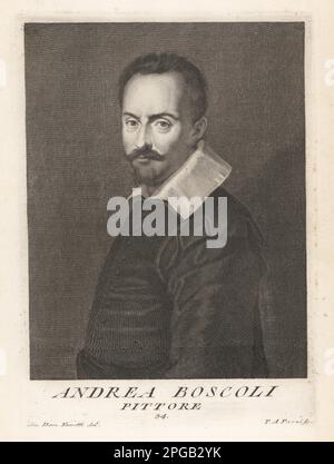 Andrea Boscoli, peintre italien de la Renaissance, fl. 1553-1606. Originaire de Florence, peintre de portraits et de peintures religieuses. Gravure sur plaque de coperplate par Pietro Antonio Pazzi d'après Giovanni Domenico Ferretti après un autoportrait de l'artiste du Museo Florentino de Francesco Moucke, Serie di Ritratti de Pittori (série de Portraits de Peintres) stampia Mouckiana, Florence, 1752-62. Banque D'Images