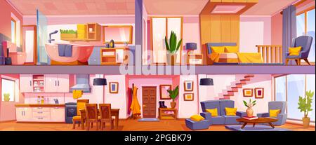 Plan de coupe transversale de dessin intérieur de maison de dessin animé. Illustration vectorielle d'un confortable appartement de deux étages avec couloir, salon, cuisine, chambre et salle de bains avec mobilier, équipement et décoration Illustration de Vecteur
