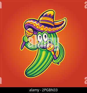 Drôle cactus mexicain sombrero chapeau maracas logo dessins animés illustrations vecteur pour votre travail logo, t-shirt, sticker et étiquettes, poster Illustration de Vecteur