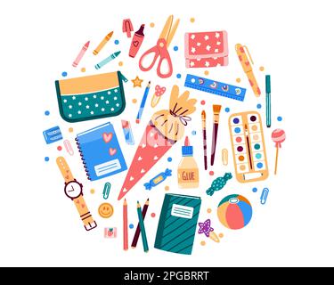 Fournitures scolaires en forme ronde ou en bannière.Illustration vectorielle de style plat Illustration de Vecteur