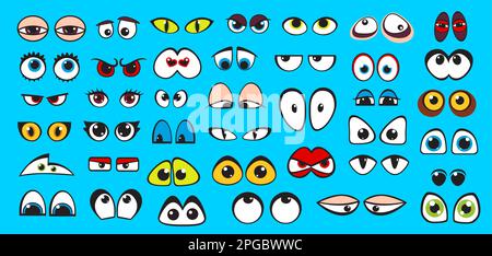 Personnages de BD Eyes. Émoticônes vectorielles d'expression d'émotions avec des yeux mignons, drôles, furieux et fous, tristes et heureux. Ensemble de bandes dessinées avec Illustration de Vecteur