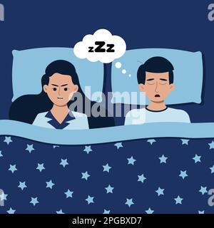 Homme zzz snore et femme dorment la nuit dans le lit à la maison. Illustration de Vecteur