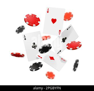 Cartes et jetons de poker de casino volant. Jeu réaliste de 3D vecteurs, pot de jack, Aces tombant, pièces rondes rouges et noires. Grands Paris de casino en ligne de gain Illustration de Vecteur