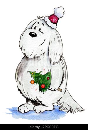 Joyeux chien drôle, nouvel an, Noël, père noël, esquisse aquarelle, illustration Banque D'Images