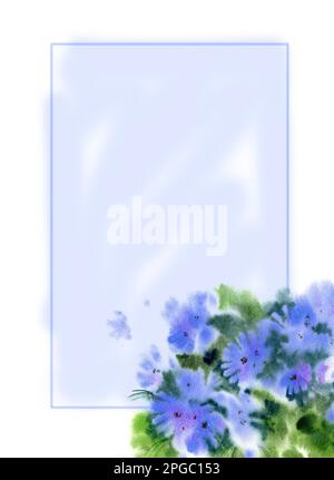 bordure avec fleurs bleu printemps, croquis aquarelle, illustration dessinée à la main sur fond blanc, objet isolé Banque D'Images