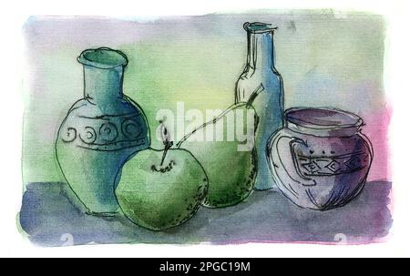 Dessin à la main aquarelle cruches, céramiques, ustensiles orientaux Banque D'Images