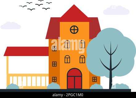 Vector maison de trois étages avec ardoise rouge et fenêtres eps 10, Vector une grande maison avec un rideau près d'elle et arbres et arbustes dans la cour eps 10 Illustration de Vecteur