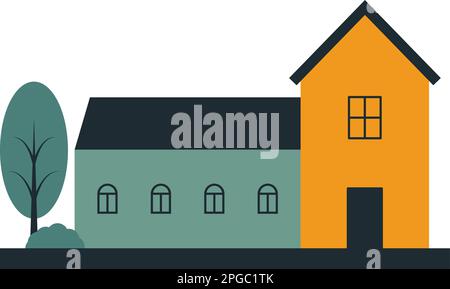 Vecteur une maison haute et une longue maison de couleurs différentes avec des arbustes et un arbre dans la cour eps 10. Vector jaune et turquoise maison avec cinq Illustration de Vecteur