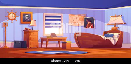 Intérieur de chambre d'enfants à thème pirate avec lit de bateau, portrait de capitaine et drapeau de pirate sur le mur. Illustration vectorielle de la pièce vide pour enfants avec lunette, horloge au volant et carte Illustration de Vecteur