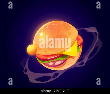 Planète Burger dans l'espace. Dessin animé vectoriel drôle d'art de la planète alimentaire, sphère avec texture hamburger dans cosmos. Illustration pour gui de jeu de fantaisie sur le monde savoureux de galaxie Illustration de Vecteur