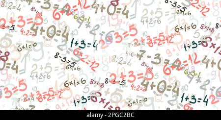 Résoudre des exemples. Arrière-plan transparent de différents exemples mathématiques placés au hasard. Addition, soustraction, multiplication et division. École de couleur te Illustration de Vecteur