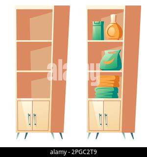 Porte-salle de bain avec étagères pour serviettes, détergents et accessoires isolés sur fond blanc, objet de mobilier pour salle de bain intérieur, élément design dessin animé illustration vecteur, icône, clip art Illustration de Vecteur