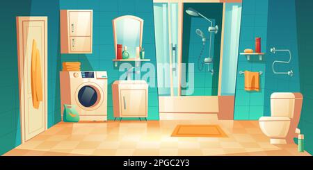 Intérieur moderne de la salle de bains avec mobilier et illustrations vectorielles. Cabine de douche, lave-linge, évier et toilettes, étagères et accessoires, porte-serviettes chauffant, miroir sur mur de carreaux bleus, arrière-plan de la maison Illustration de Vecteur