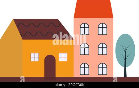 Maisons vectorielles de différentes couleurs avec un arbre à proximité eps 10. Maison jaune vectoriel avec deux fenêtres et une maison rose de trois étages avec six fenêtres et un Illustration de Vecteur