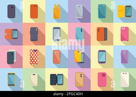 Les icônes de l'étui du smartphone définissent un vecteur plat. Couvrir le boîtier. Collision de glace Illustration de Vecteur
