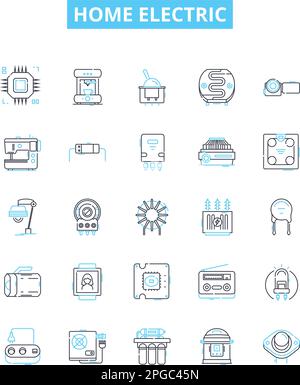 Jeu d'icônes de lignes vectorielles électriques domestiques. Appareils, chaleur, éclairage, air, ventilateurs, Les schémas de câblage et de fiches présentent les symboles et les signes conceptuels Illustration de Vecteur
