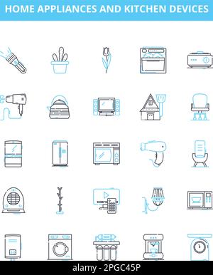 Appareils ménagers et appareils de cuisine ensemble d'icônes de lignes vectorielles. Cuisinière, micro-ondes, bouilloire, grille-pain, lave-vaisselle, Réfrigérateur, contour de l'illustration du blender Illustration de Vecteur