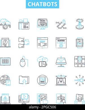 Jeu d'icônes de lignes vectorielles Chatbots. Chatbots, ai, Automation, dialogue, Conversational, Virtuel, l'illustration NLP décrit les symboles et les signes du concept Illustration de Vecteur