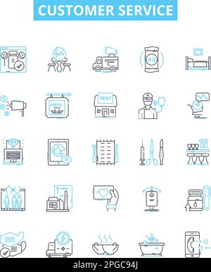 Jeu d'icônes de ligne de vecteur de service client. Support, assistance, aide, soins, réponse, Les commentaires, les illustrations de présence décrivent les symboles et les affiches de concept Illustration de Vecteur