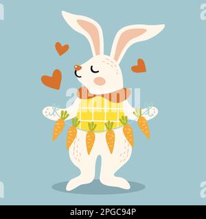 joli lapin de printemps en position debout tenant une guirlande de carottes Illustration de Vecteur