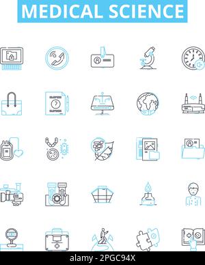 Jeu d'icônes de lignes vectorielles Medical Science. Médecine, Biologie, diagnostic, traitement, recherche, La technologie, l'illustration de la santé présentent les symboles de concept et Illustration de Vecteur