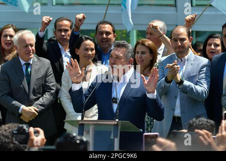 Non exclusif: 21 mars 2023 Toluca Mexique : Alejandro Moreno , Président national du Parti révolutionnaire institutionnel, pendant l'enregistrement Banque D'Images