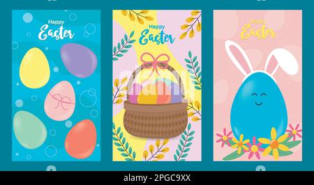 ensemble de trois bannières pour le jour de pâques avec des éléments d'oeufs, de branches, de lapin et de panier de pâques Illustration de Vecteur