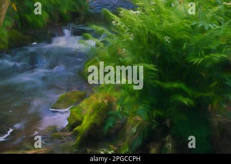 La peinture numérique de l'eau de semis a tourné blanc laiteux par une longue exposition car elle coule autour des roches couvertes de mousse verte et brune. Banque D'Images