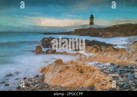 Peinture numérique d'une longue exposition de Trwyn du lighhouse à Penmon point, Anglesey, au nord du pays de Galles, à marée basse. Banque D'Images