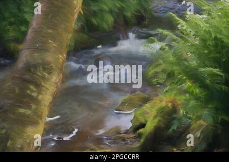 La peinture numérique de l'eau de semis a tourné blanc laiteux par une longue exposition car elle coule autour des roches couvertes de mousse verte et brune. Banque D'Images